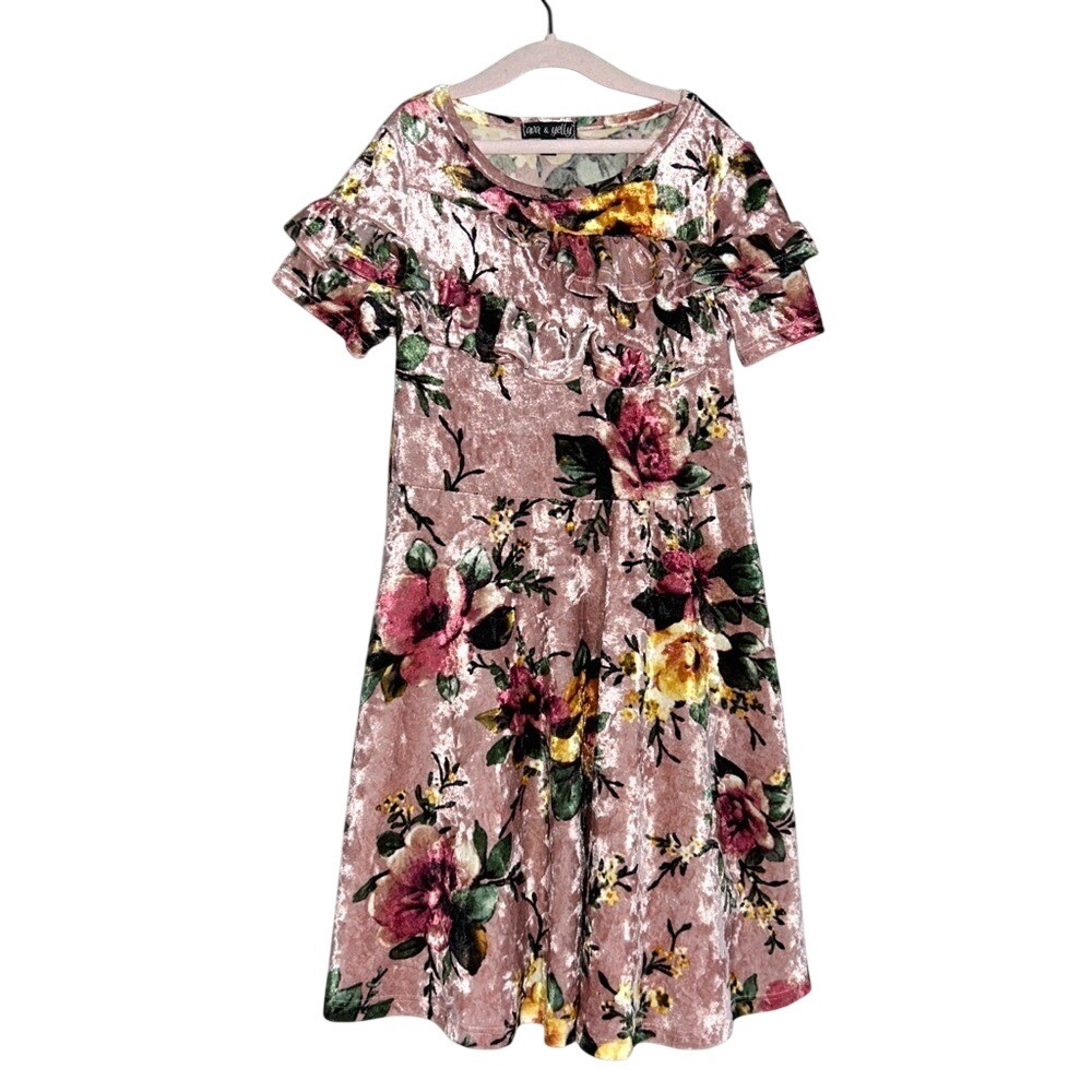 Adorable Girl's Crushed‎ Velvet Floral Dress Ruffled Detail Sz 8